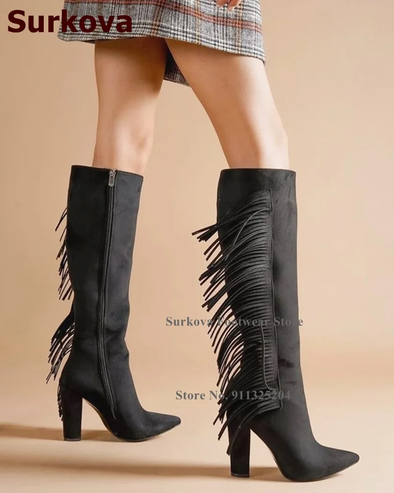 

Surkova Black Suede Fringe Knee High Boots Chunky Heels Pointed Toe Tassel Long Boots Zipped Fall Winter Dress Shoes Size46