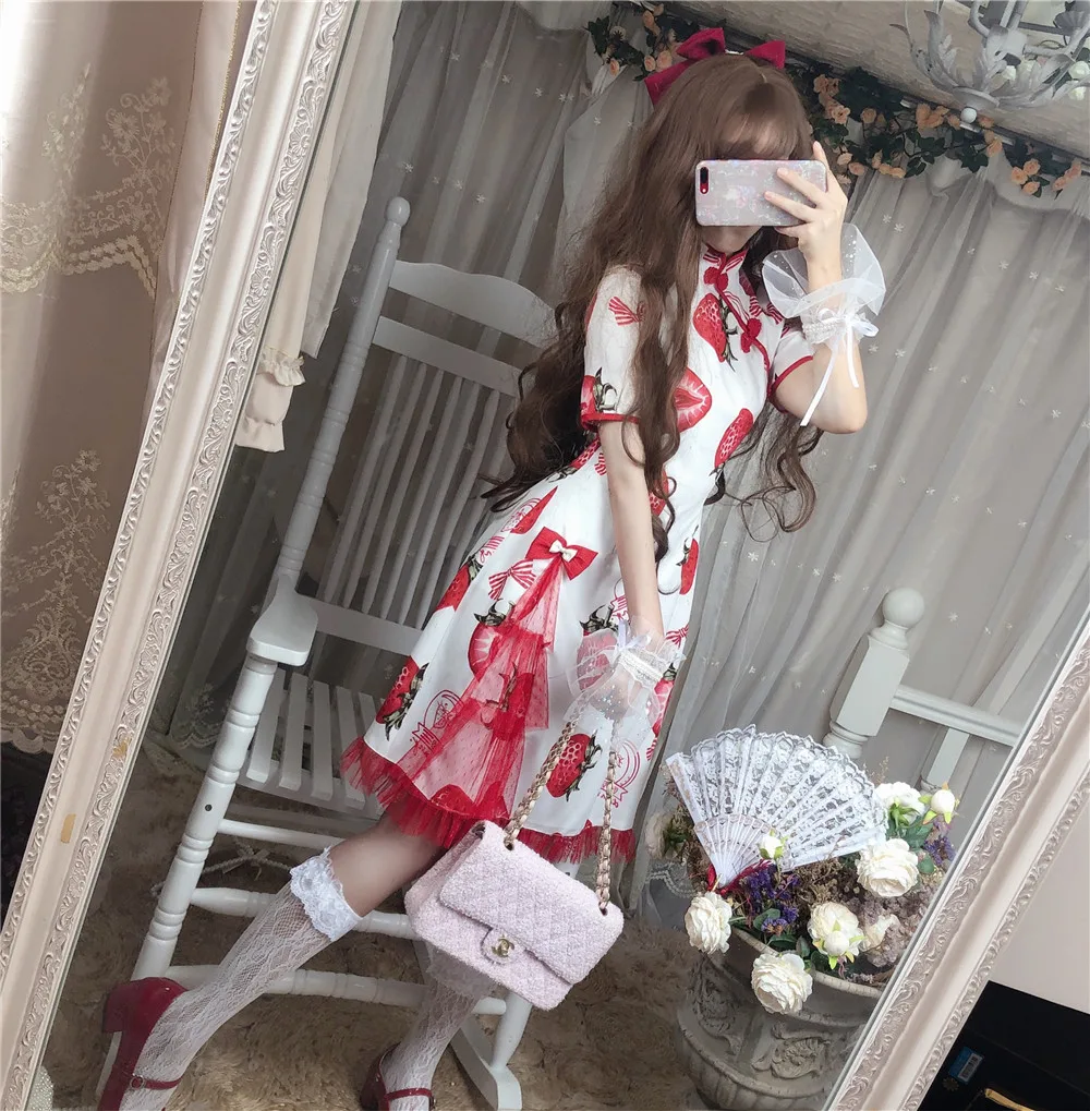 Lolita Strawberry Cheongsam Summer Lace Waist Lady Gentle Dress Palace princess sweet lolita dress retro  kawaii girl gothic