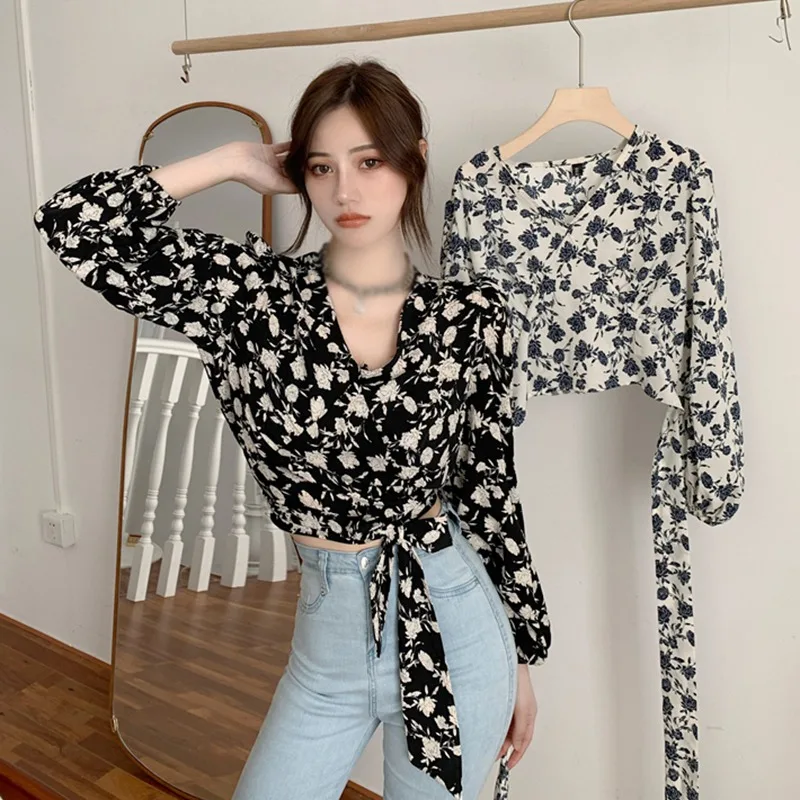 Women's Floral Print Blouses V Neck Sexy Lace Exposed Navel Long Sleeves Chiffon Shirts Tops