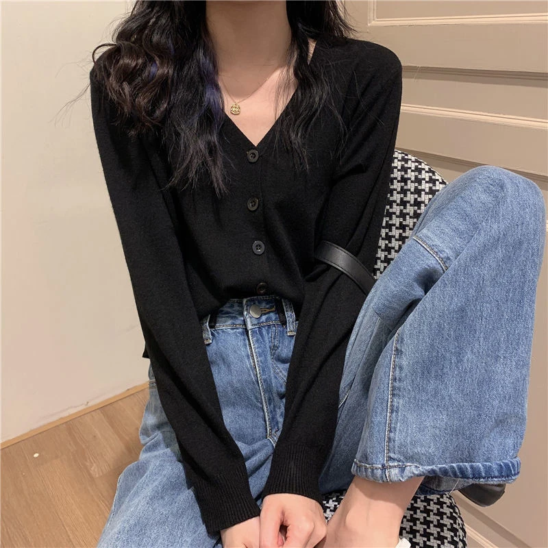 Spring Autumn Solid Color Cropped Sweater Korean Basic V-neck Student 9 Colors Cardigan Sweater Women All-match Long Sleeve Tops