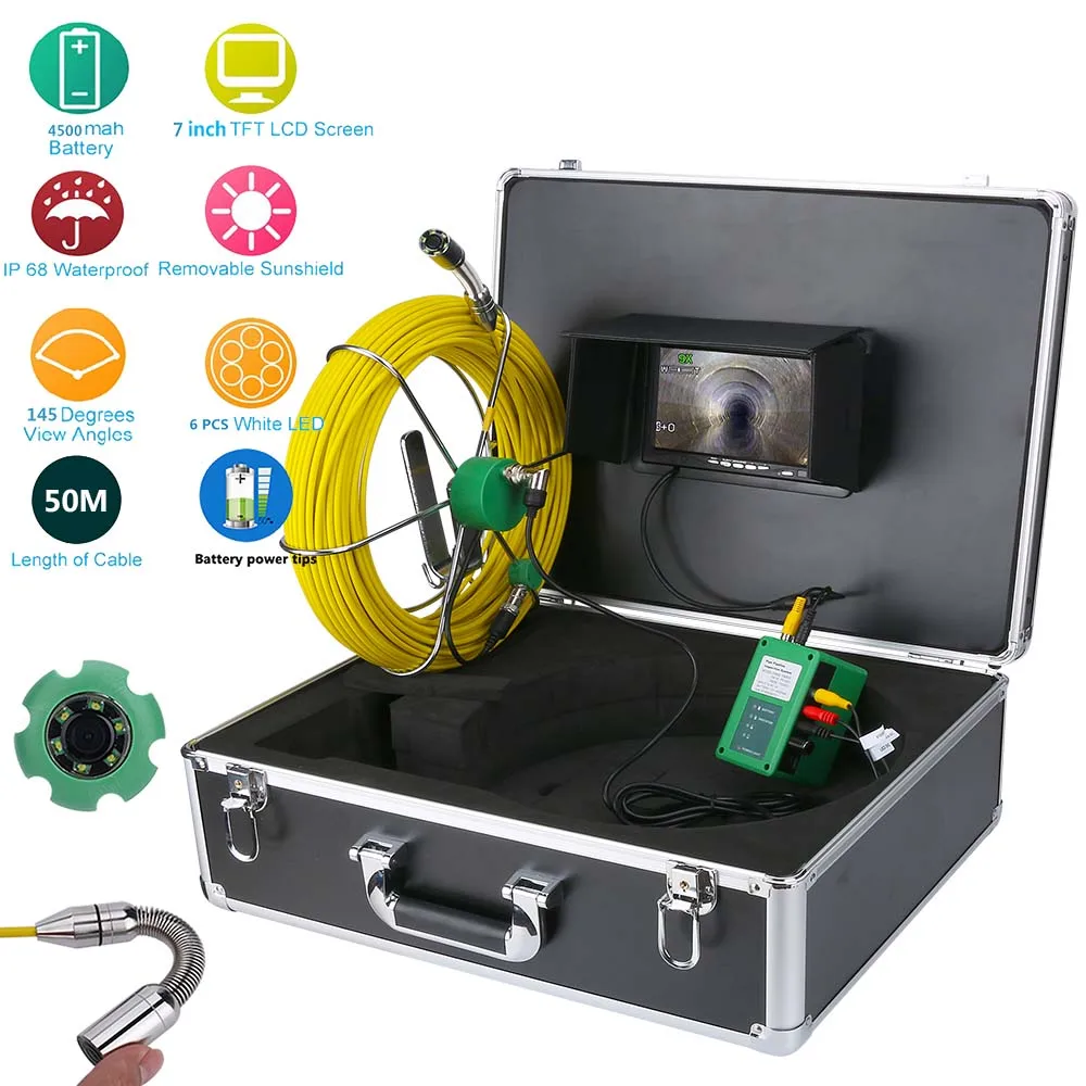 50M IP68 Waterproof Drain Pipe Sewer Inspection Video Camera System 7inch LCD 1000TVL Camera Monitor with 6W LED Night Vision