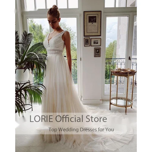 Imagen 2 del producto LORIE-vestidos de novia bohemios con cuello en V, apliques de encaje de tul marfil, vestidos elegantes personalizados, corte en A, vestidos de novia bohemios