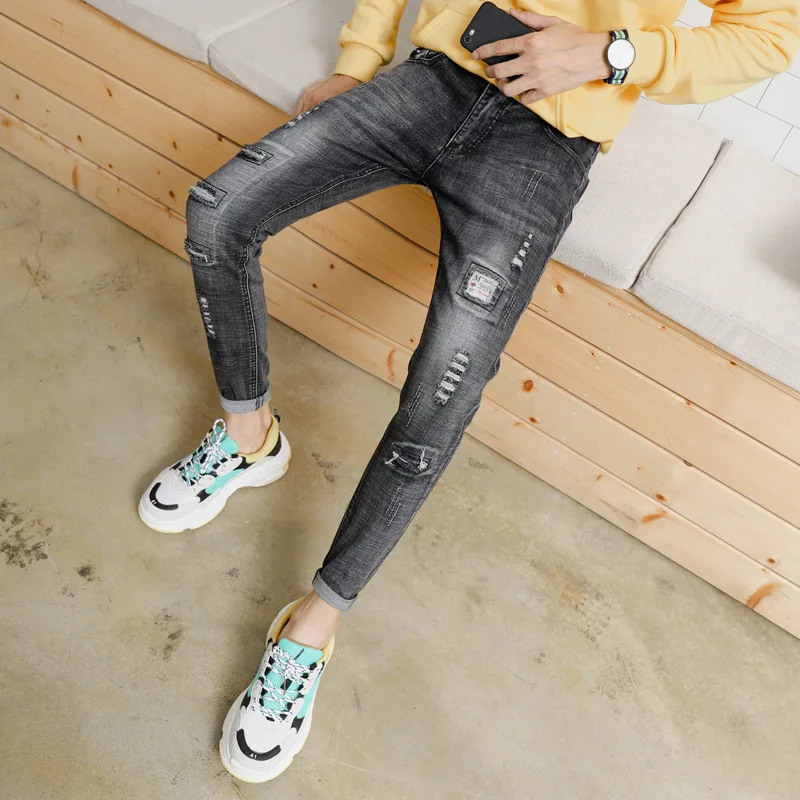 

Men's Ripped Jeans Slim Fit Gray Spring Autumn Destroyed Torn Embroidered Stylish Moto Biker Denim Pants Male Hip Hop Trousers