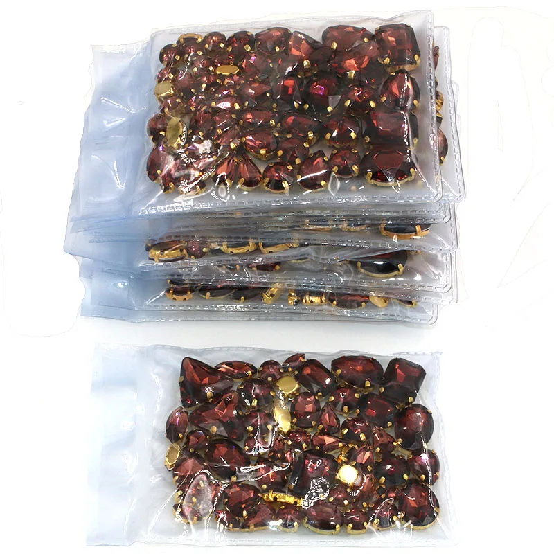 Wholesale 5 bags mixed shape sew on glass Crystal Wine red gold base  rhinestones diy dress/Clothing accessories