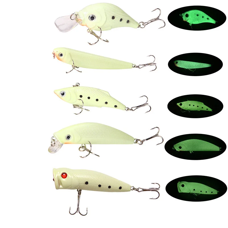 2pcs Whole Body Noctilucent Bait Luminous Crankbait Pencil Vib Minnow Poppers Fishing Lure Set Weights 7.6-10.3g Fishing Lures