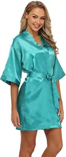 Mulheres Liso Cetim Robes, curto quimono Roupão, Simplicidade Pijama, Wedding Party Robe, Hot Pink Champagne Prata, S-XXL