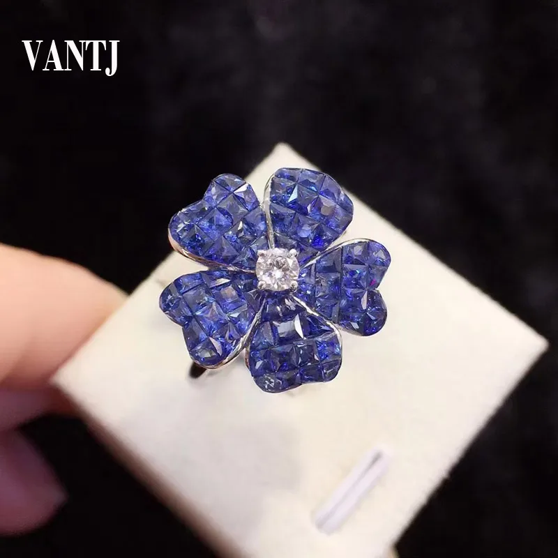 VANTJ Real Natural Sapphire Rings Sterling 14K Gold Diamond 0.1ct Invisible Setting for Women Party Birthday Gift Wholesale