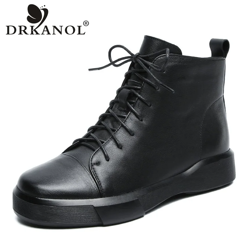 DRKANOL Classic Black Women Boots 2024 Autumn Winter Warm Shoes Women Genuine Leather Ankle Boots Soft Sole Handmade Flat Boots