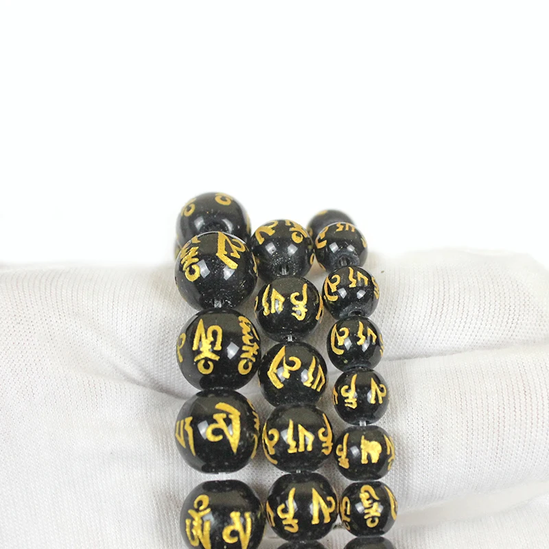 black Crystal Buddhism Golden Om Mani Padme Hum Mantra Bead Pick Size 8/10/12mm Necklace Bracelet DIY Jewelry Makings