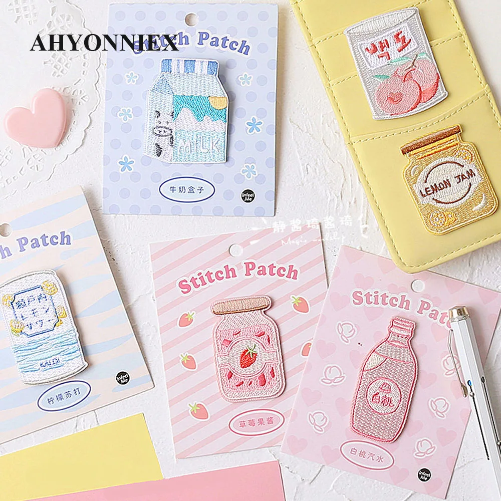 AHYONNIEX 1 Piece Embroidered Cute Milk Soda Jams Patches Clothes Bags DIY Applique Embroidery Parches Iron On Patch for Clothes