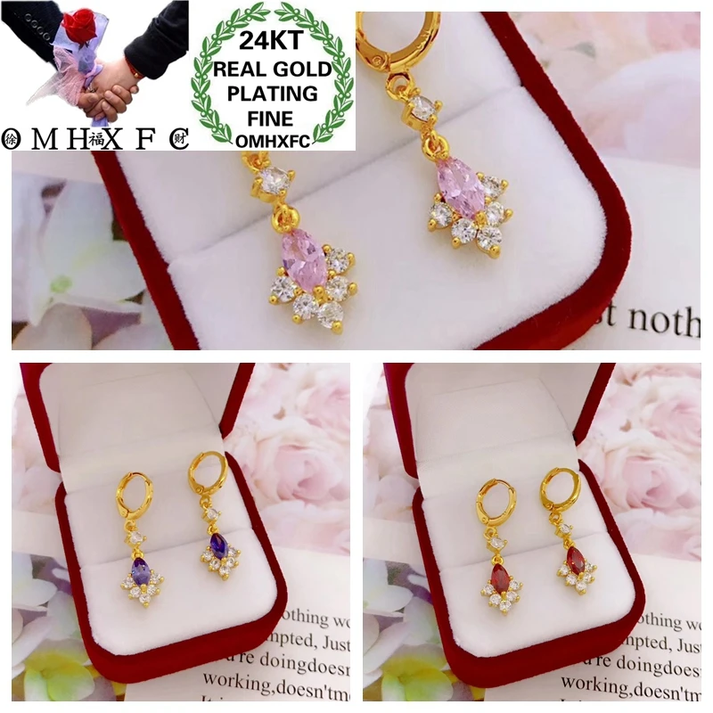 OMHXFC Wholesale YM97 European Fashion Hot Fine Woman Girl Party Birthday Wedding Gift Flower AAA Zircon 24KT Gold Drop Earrings