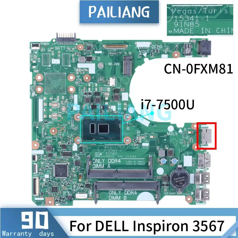 

For DELL Inspiron 3567 i7-7500U Laptop Motherboard 0FXM81 15341-1 SR2ZV DDR4 Notebook Mainboard