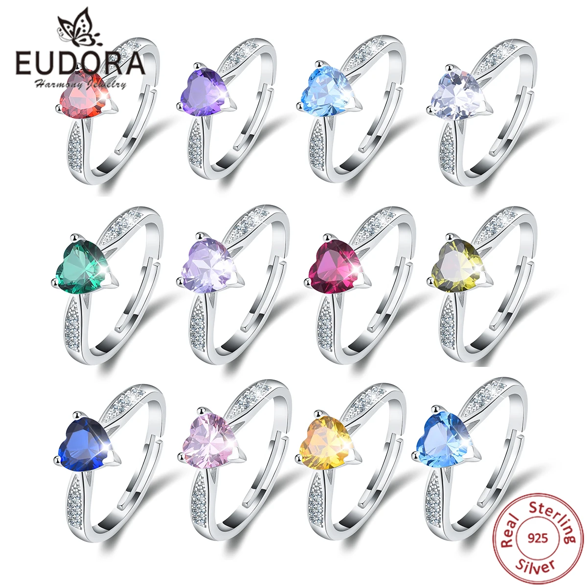 Eudora Real 100% 925 Sterling Silver Birthstone January to December Ring Girl Boy Couples Opened Ring for Friend Birthday Gift