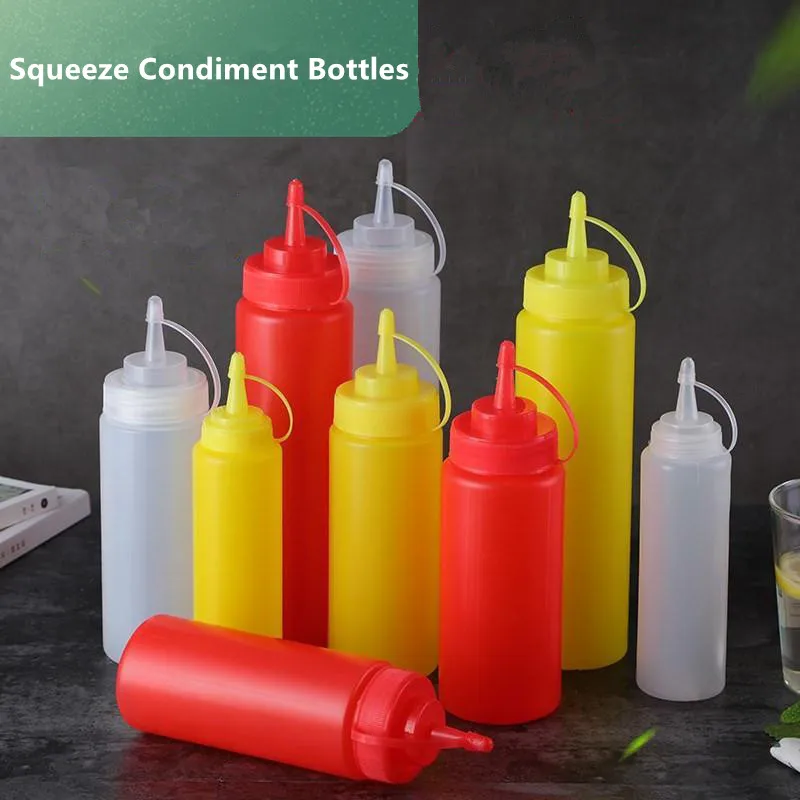 Refillable Squeeze Condiment Bottles, Plastic Container for Kitchen Ketchup, Mustard Sauces, Olive Oil, Gravy Boats