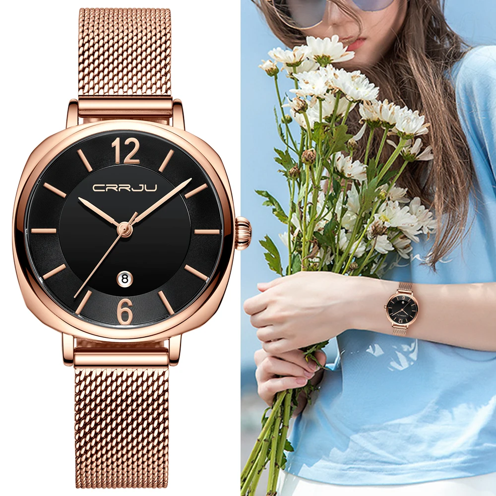 

2021 Women Watches CRRJU Top Brand Luxury Fashion Date Ladies Wristwatches Stainless Steel Rose Mesh Strap Female Quartz Watch