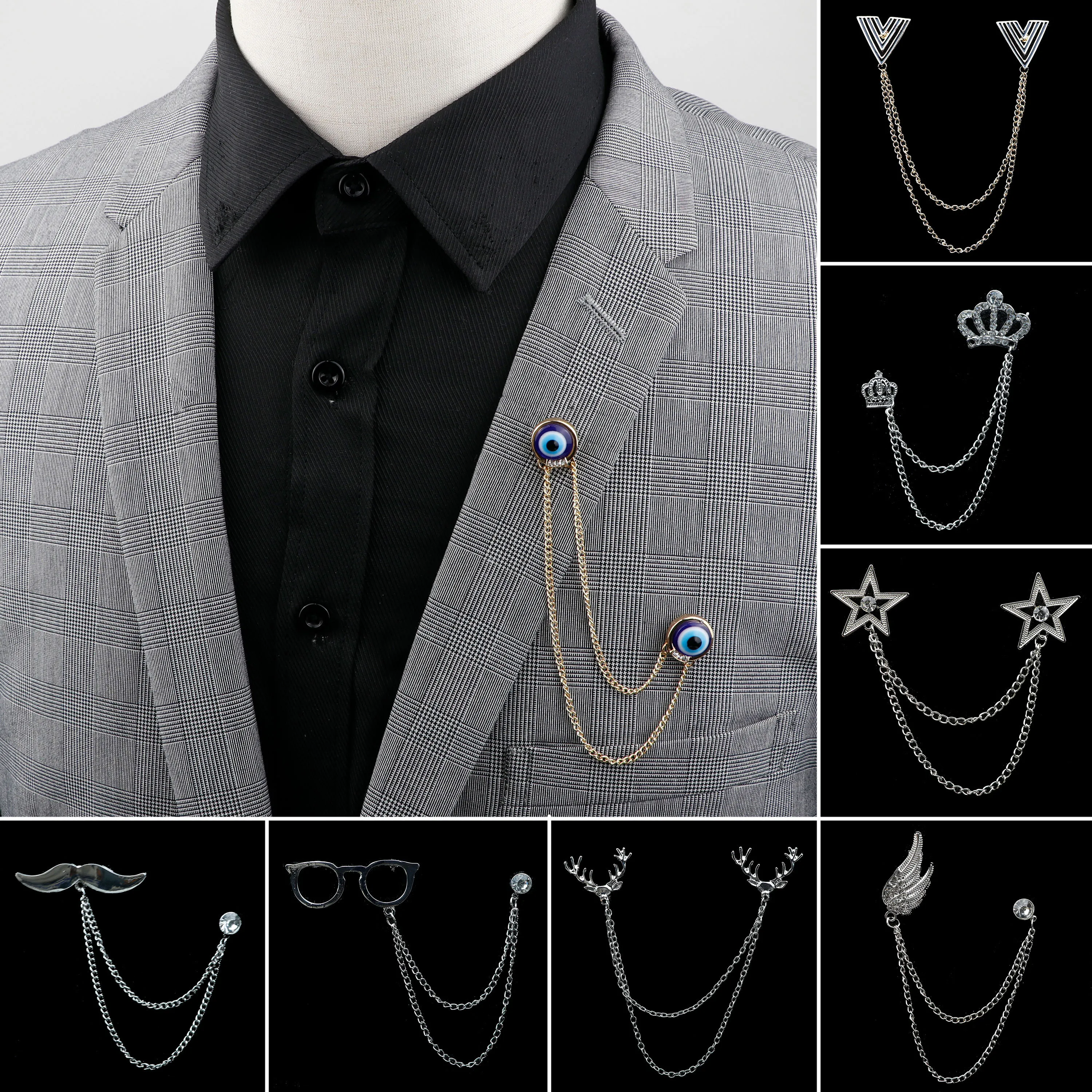 Man Chain Lapel Pin Suit Shirt Collar Tassel Star Glasses Wing Brooch Badge Retro Pins Wedding Party Dance Neckware Accessories