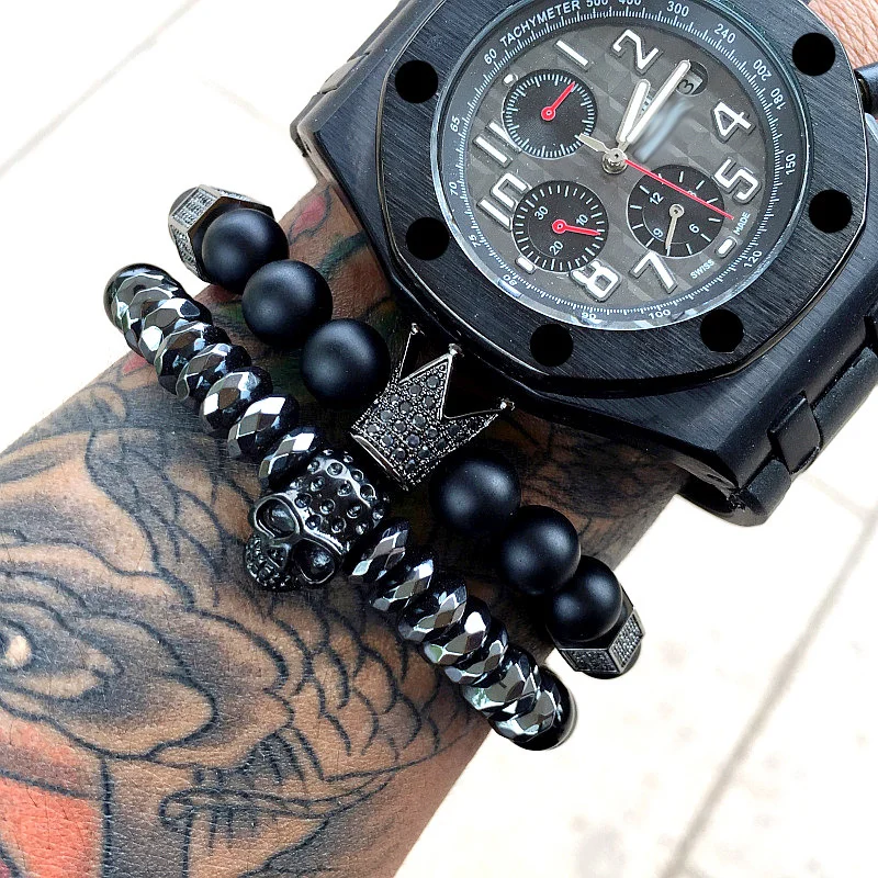 Punk Style Men Beaded Bracelet Black Natural Stone Beads Skull Crown Micro-inlaid Zircon Set Bracelets for Men Male Jewelry Gift