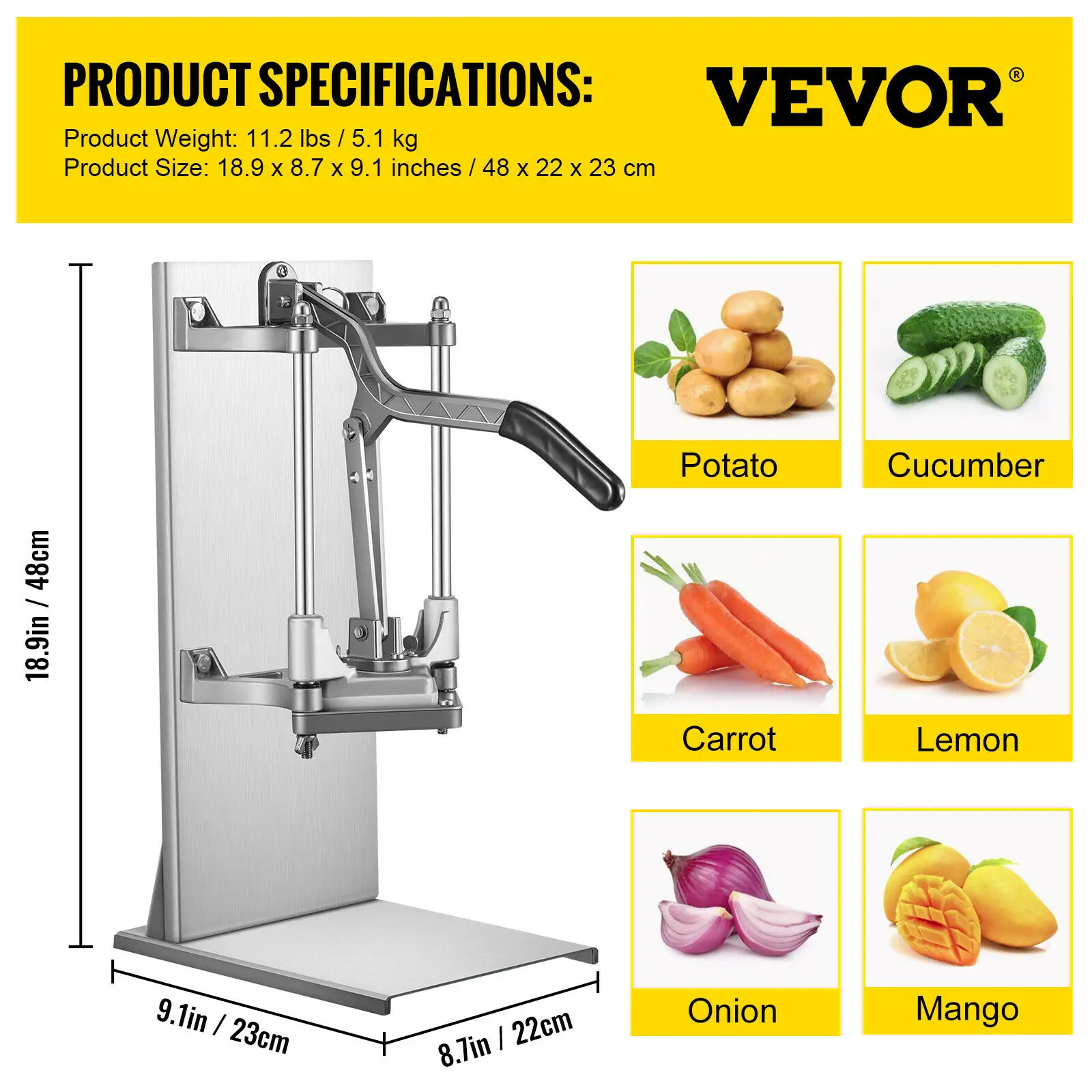 VEVOR 3ใบมีดมันฝรั่งเครื่องตัดผัก Chopper ผลไม้เครื่องตัดสแตนเลสได้อย่างรวดเร็วได้อย่างง่ายดาย Manual ฟังก์ชั่นเชิงพาณิชย์