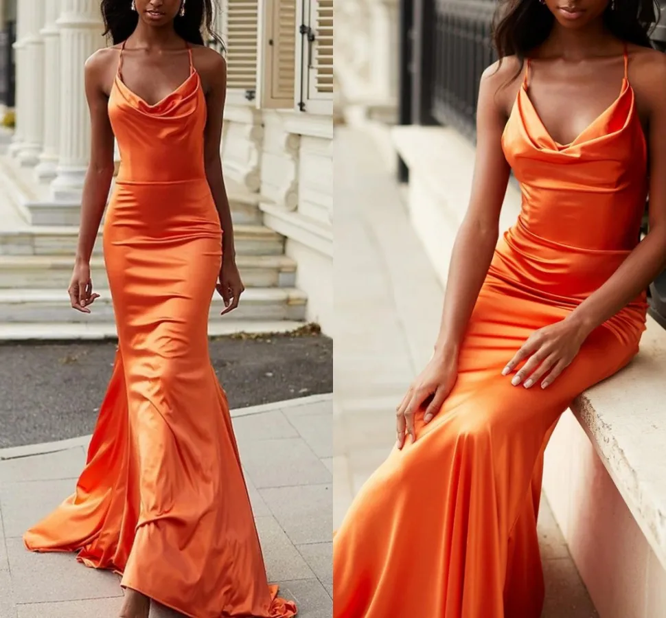 Robe De Soirée sirène en Satin, Sexy, dos nu, col en V, sans manches, longue, tenue De bal, Orange, 2022