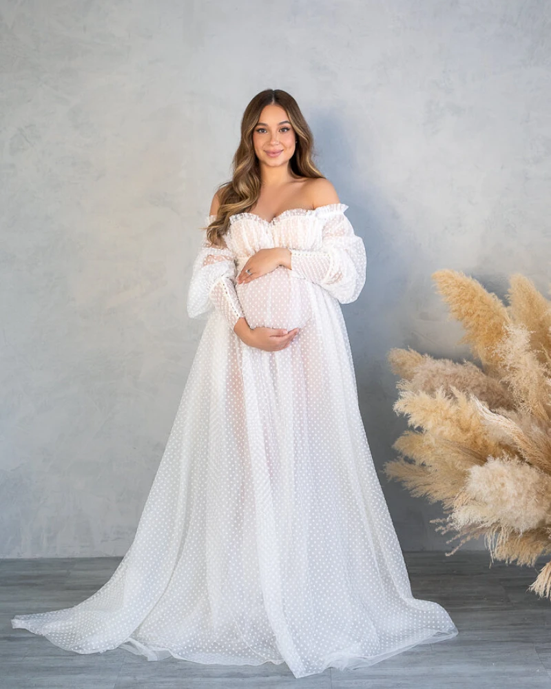 Robes de maternité blanches à épaules dénudées, pour séance photo, manches longues, chemise de nuit en Tulle, robes de grossesse pour femmes