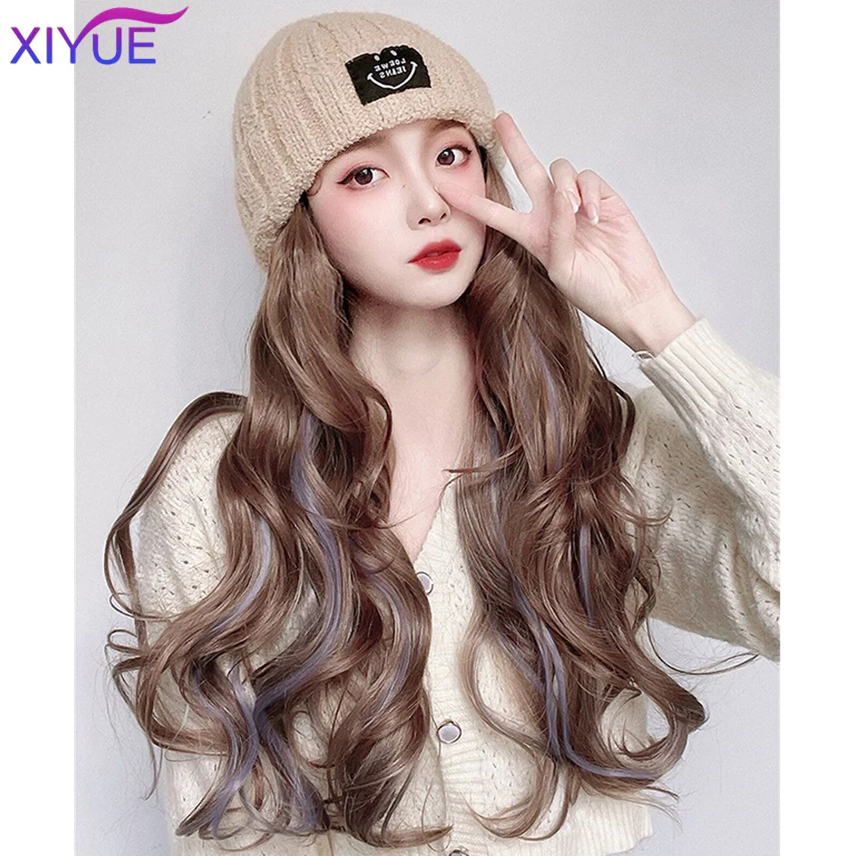 XIYUE Beanies Hat With Hair Wigs For Women 24 inch Long Straight Hair Synthetic Wig Warm Soft Ski Knitted Autumn Winter Cap