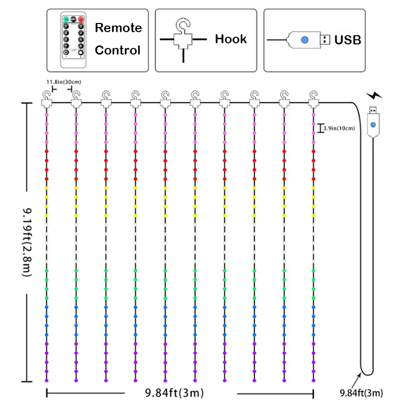 Светодиодная Радужная Гирлянда-занавеска с дистанционным управлением, 2021