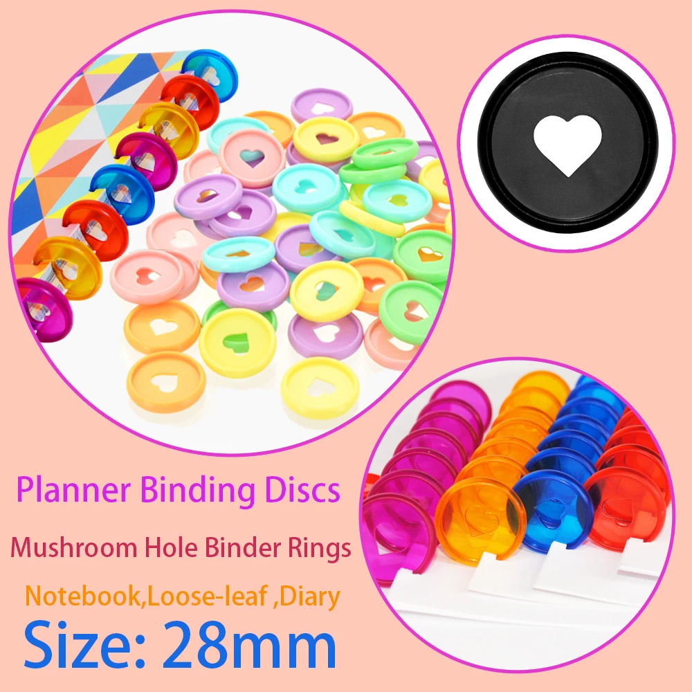 30pcs 28mm Plastic Binding Discs Binder Rings Colorful Heart-shaped Discs Loose-leaf Buckle Mushroom Hole Notepad Rings Binding