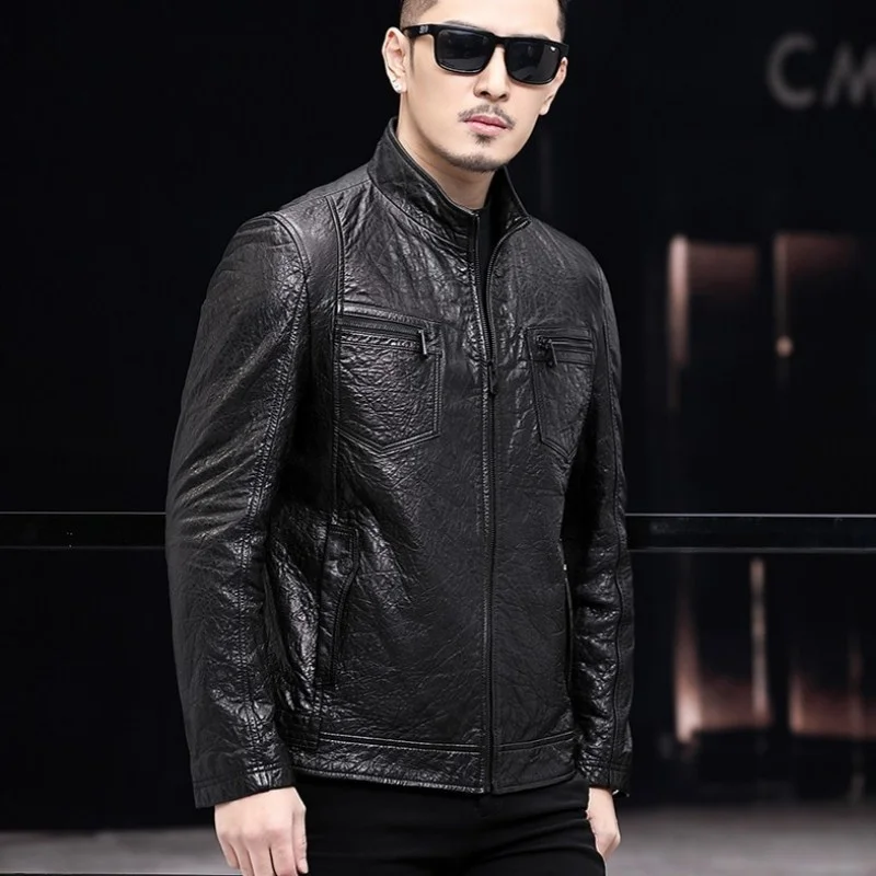 Quality Top Brand Mens 100% Real Leather Jacket 2022 Autumn Stand Collar Slim Fit Short Motorcycle Jackets Bomber Sheepskin Coat