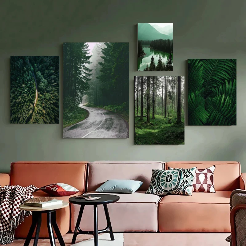 Mountain Lake Forest Road Poster and Pictures Green Plant Canvas Painting Poster Decor Print for Living Room Home Wall Art Decor