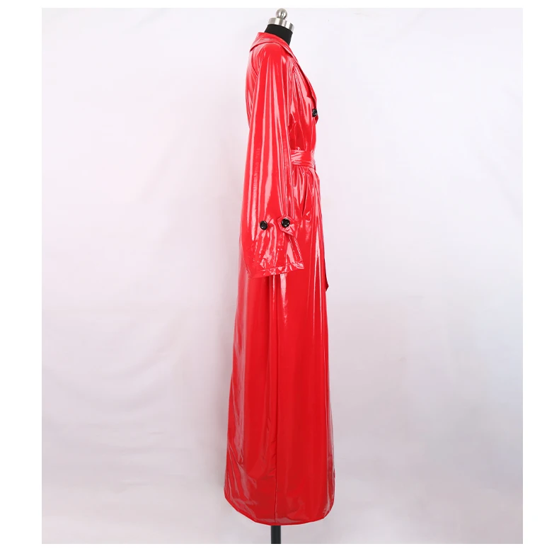 Nerazzurri Autumn Extra Long Soft Red Reflective Shiny Patent Leather Trench Coat for Women Double Breasted Maxi Korean Fashion