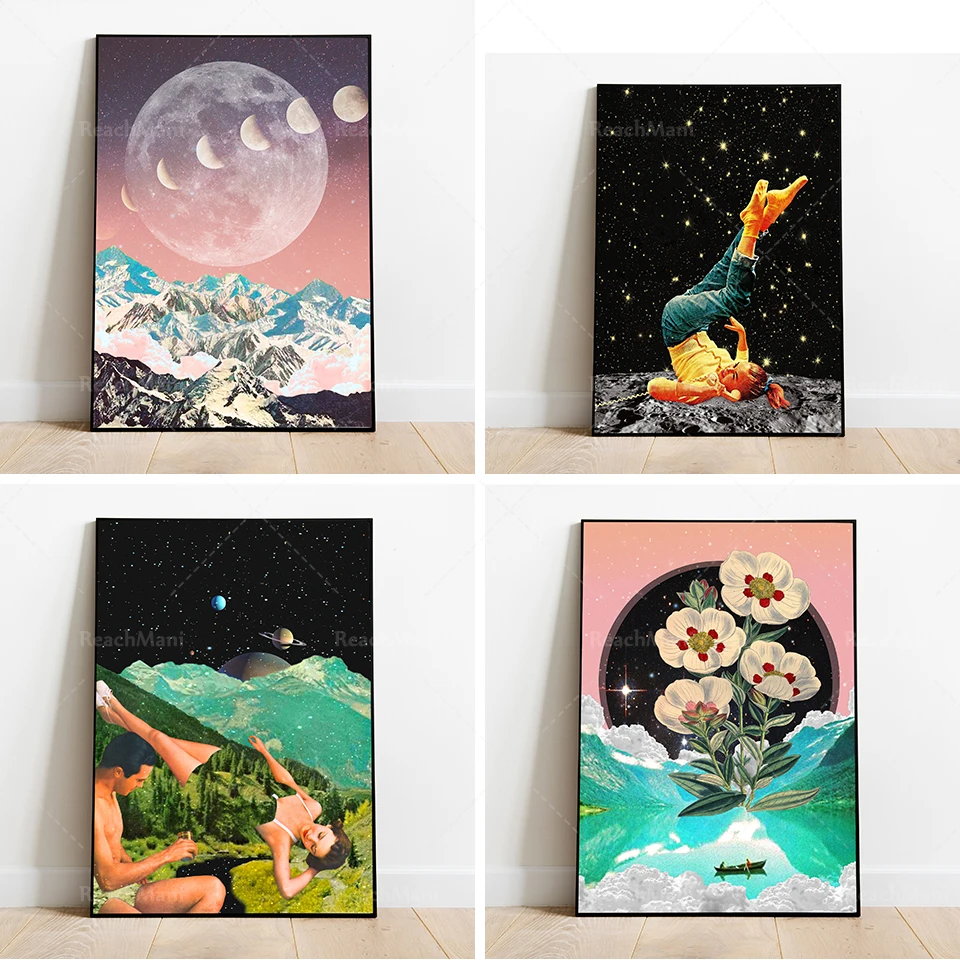 Moon Landscape print art, collage art, surrealism, magic, moon, landscape, nature vintage art, Retro poster, wall art, printabl