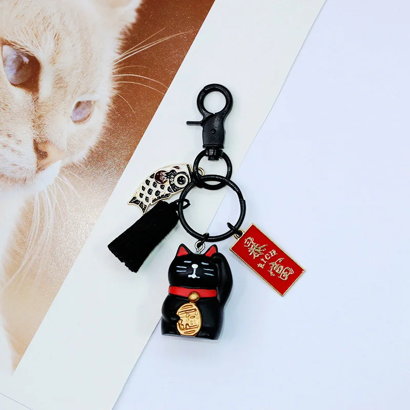 2023 Cute Chubby Resin Maneki Neko Rich Lucky Cat Keychain Fortune Tassel Key Ring Car For Women Bag Pendent Charms