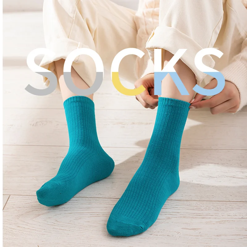 5 Pairs Classic Blue Series Socks Women Cotton Knitting Solid Colors 4 Seasons Basic Daily Women Middle Tube Socks