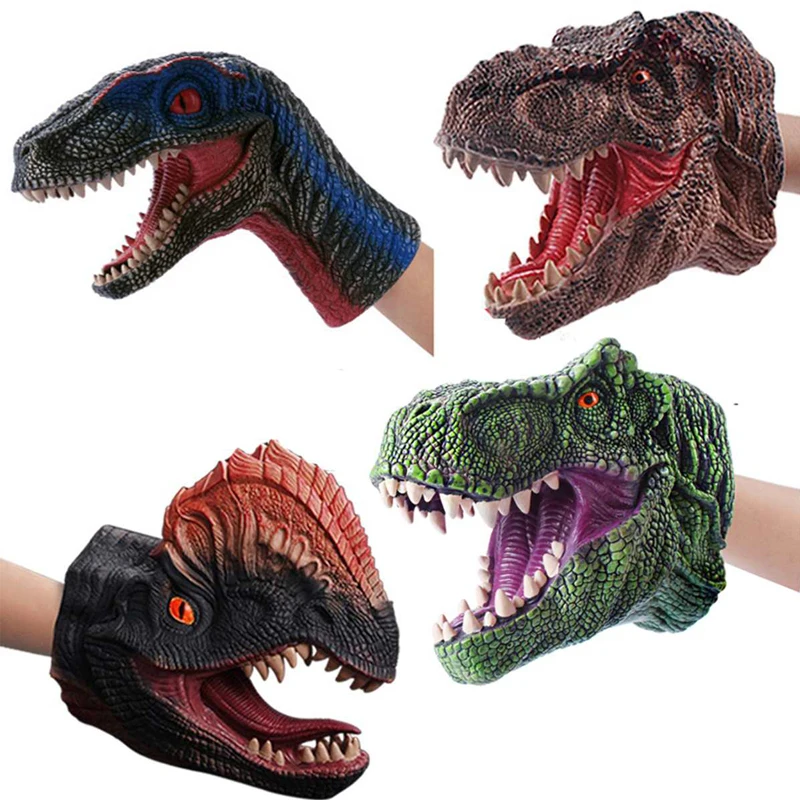 1 pçs crianças de borracha macia animal dinossauro cabeça mão fantoche brinquedo simulação tiranossauro/raptor luvas macias presente natal para crianças