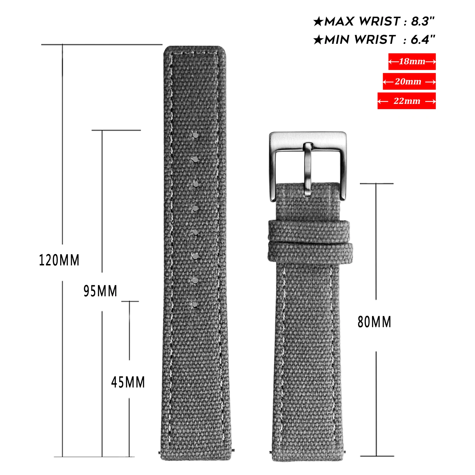 Hemsut Canvas Watch Bands Quick Release Grey Two Pieces Fabric Watch Straps Heavy Duty Buckle 18mm 20mm 22mm