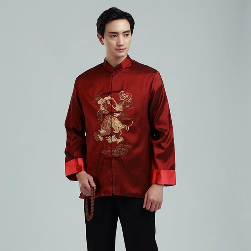 

Middle-aged and elderly Tang suit jacket Chunqiu men's Tang suit long-sleeved shirt Chinese retro embroidered dragon jacket men