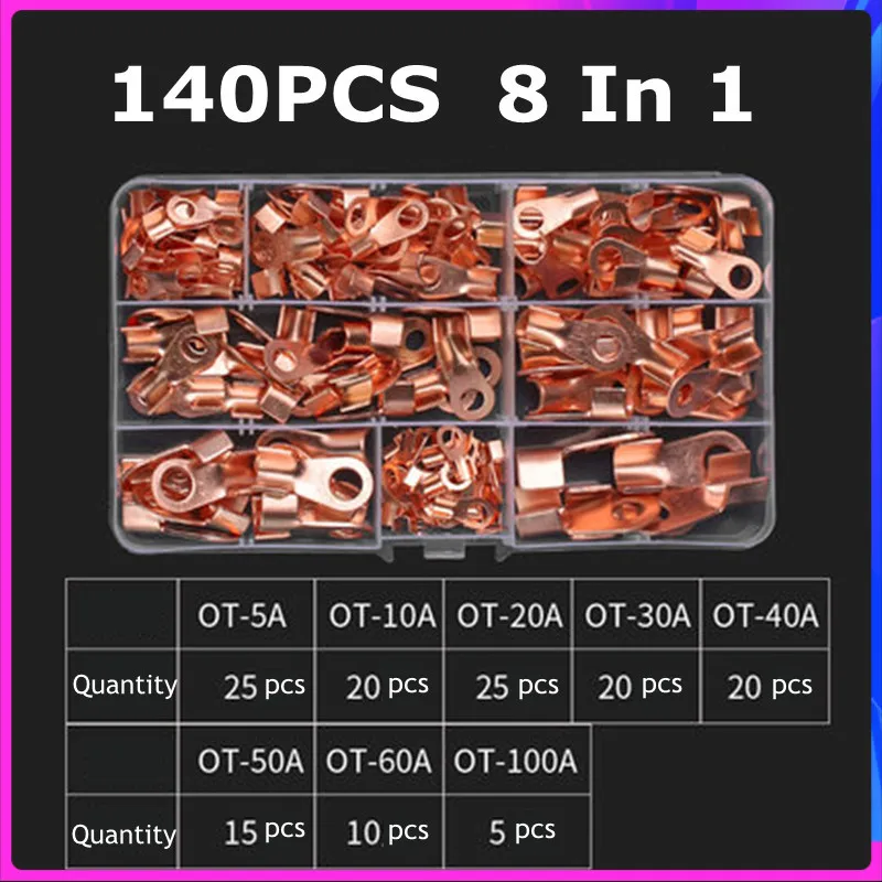 70/140PCS OT Type 5A 20A 30A 40A 50A 60A 100A Wire Terminal Red Copper Bare Nose Lugs Crimp Open Mouth Cable End Connector