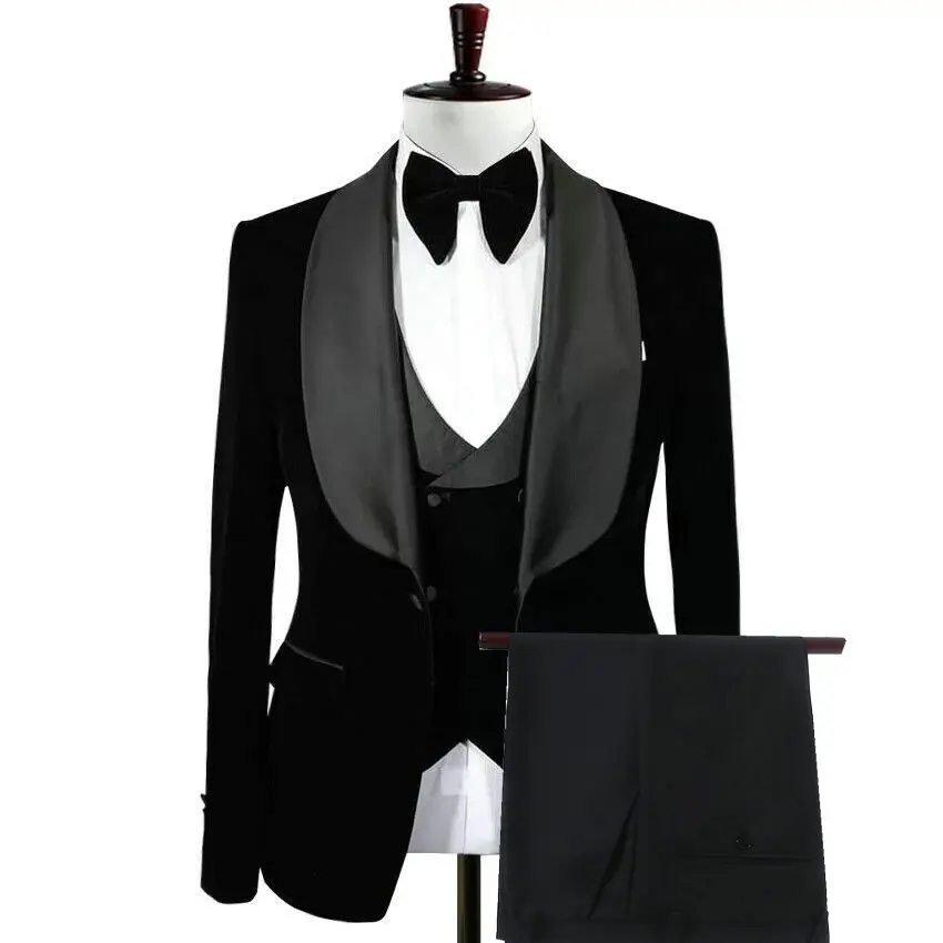 

2021 Black Velvet Men's 3 Pieces Suit Prom Costume Groom Tuxedos Formal Wedding Best Man Blazer Party Suits (Jacket+Vest+Pants)