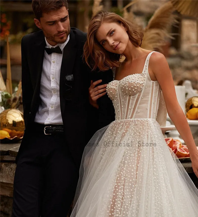 Vestido de Noivas Romantische Dots Tüll Hochzeit Kleider 2021 Straps Sexy Braut Kleid Liebsten Mieder Land Hochzeit Kleider