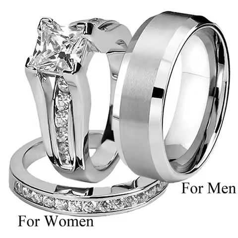 Fashion Jewelry Cubic Zirconia Silver Color Stainless Steel Couple Ring Engagement Valentine's Day Gift