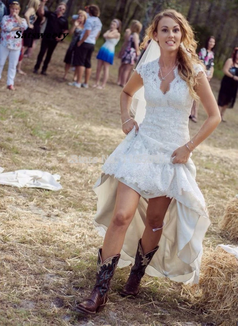 Vestidos de novia de encaje con espalda larga y Frente corto, vestidos de novia de campo, nueva moda