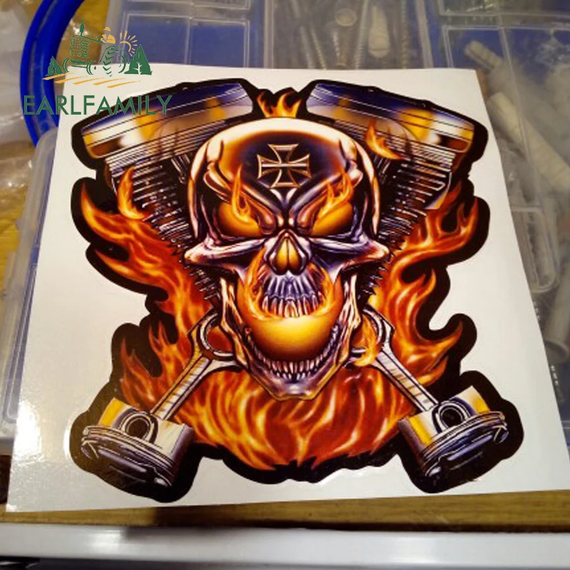 EARLFAMILY 12cm x 12cm Biker Skull Flames Engine Decal Window Car Laptop Toolbox Auto Motorcycle Decoration Car Sticker