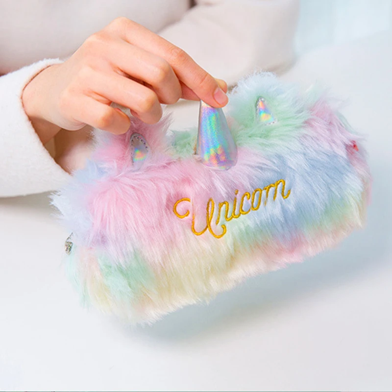 Kolor tęczy Faux Fur Unicorn piórnik portfel pokrowiec piśmiennicze piórnik damska torba kobiety podręczna kosmetyczka torebka