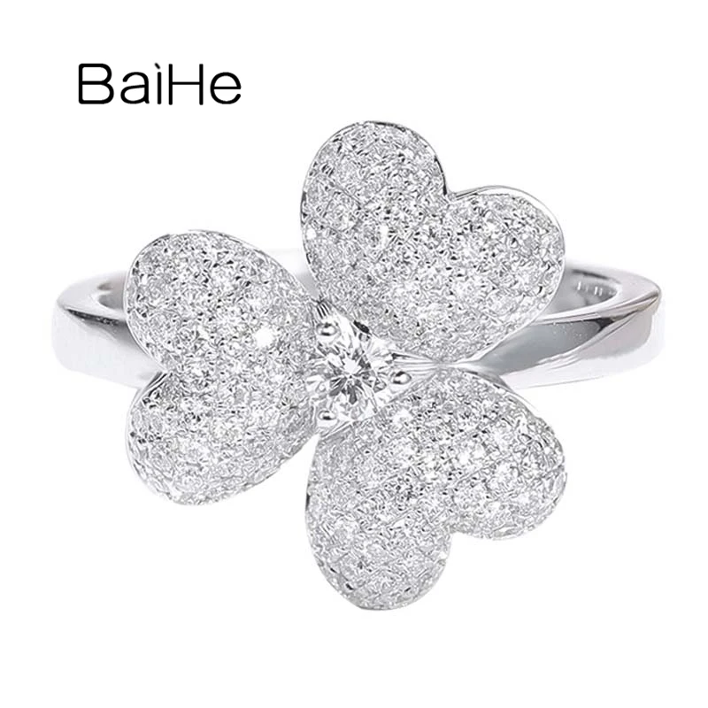 

BAIHE Solid 14K White Gold Natural Diamond Flower Ring Women Men Wedding Engagement Trendy Fine Jewelry Making Mowhiti Puawai