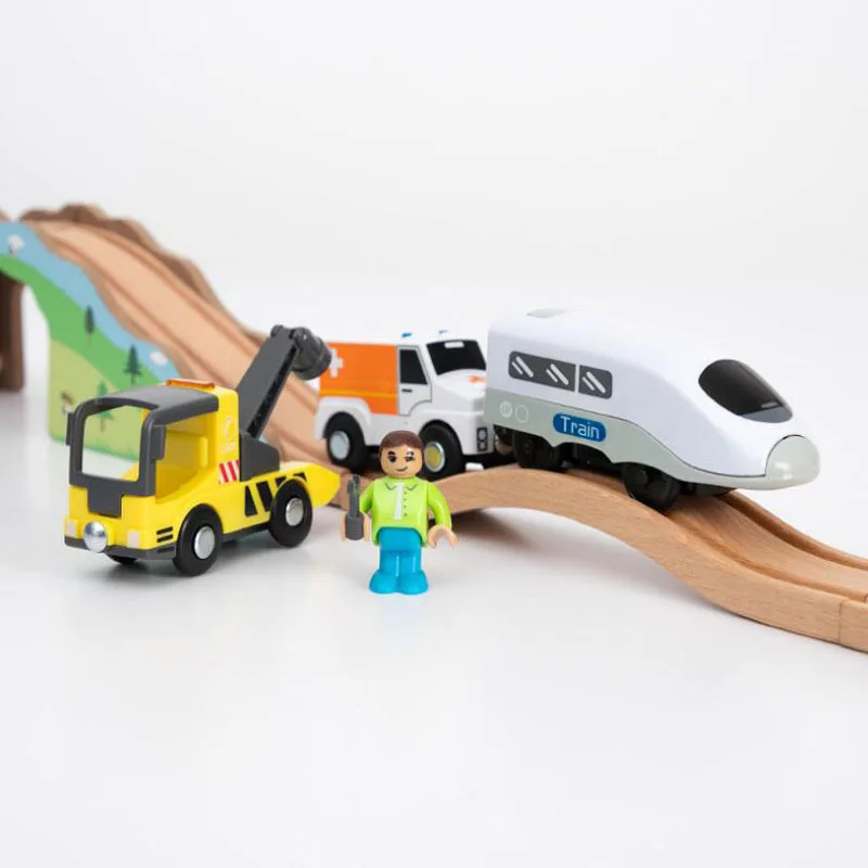 New Fire Truck Magnetic Train Car Ambulance Police Car Fire Truck Helicopter Compatible Brio Wood Track Children\'s Toys