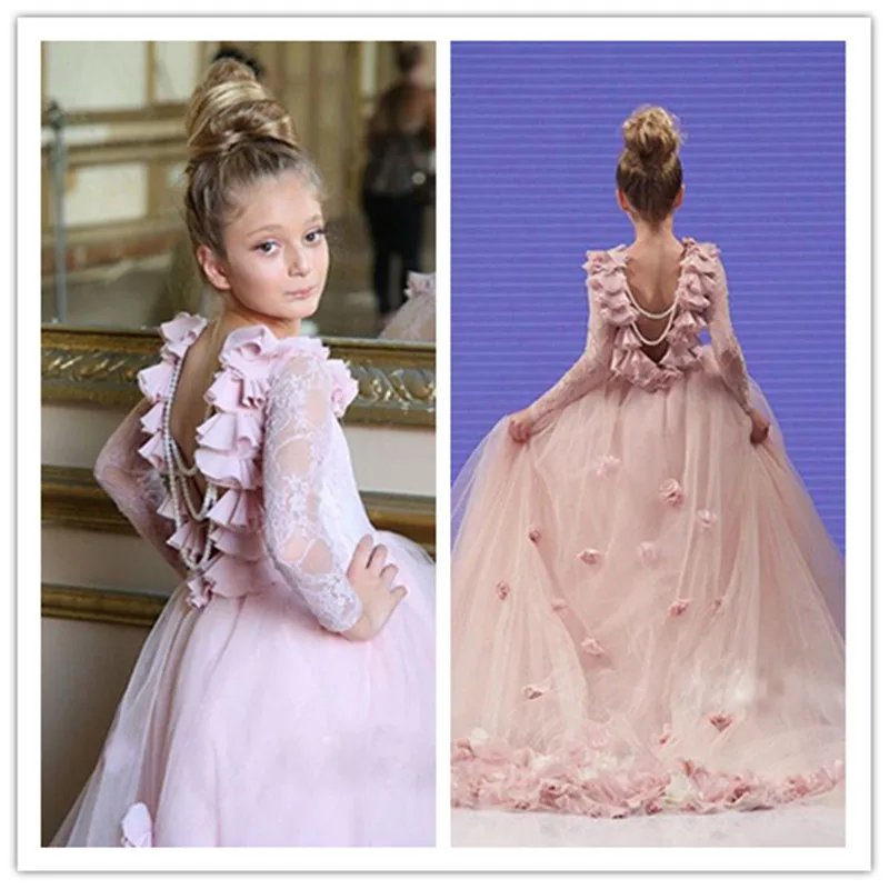 Pageant Kids Gown Pink Long Sleeve Backless Lace Flower Girl Dresses For Wedding Girl's Floor Length Child Party Birthday Dress