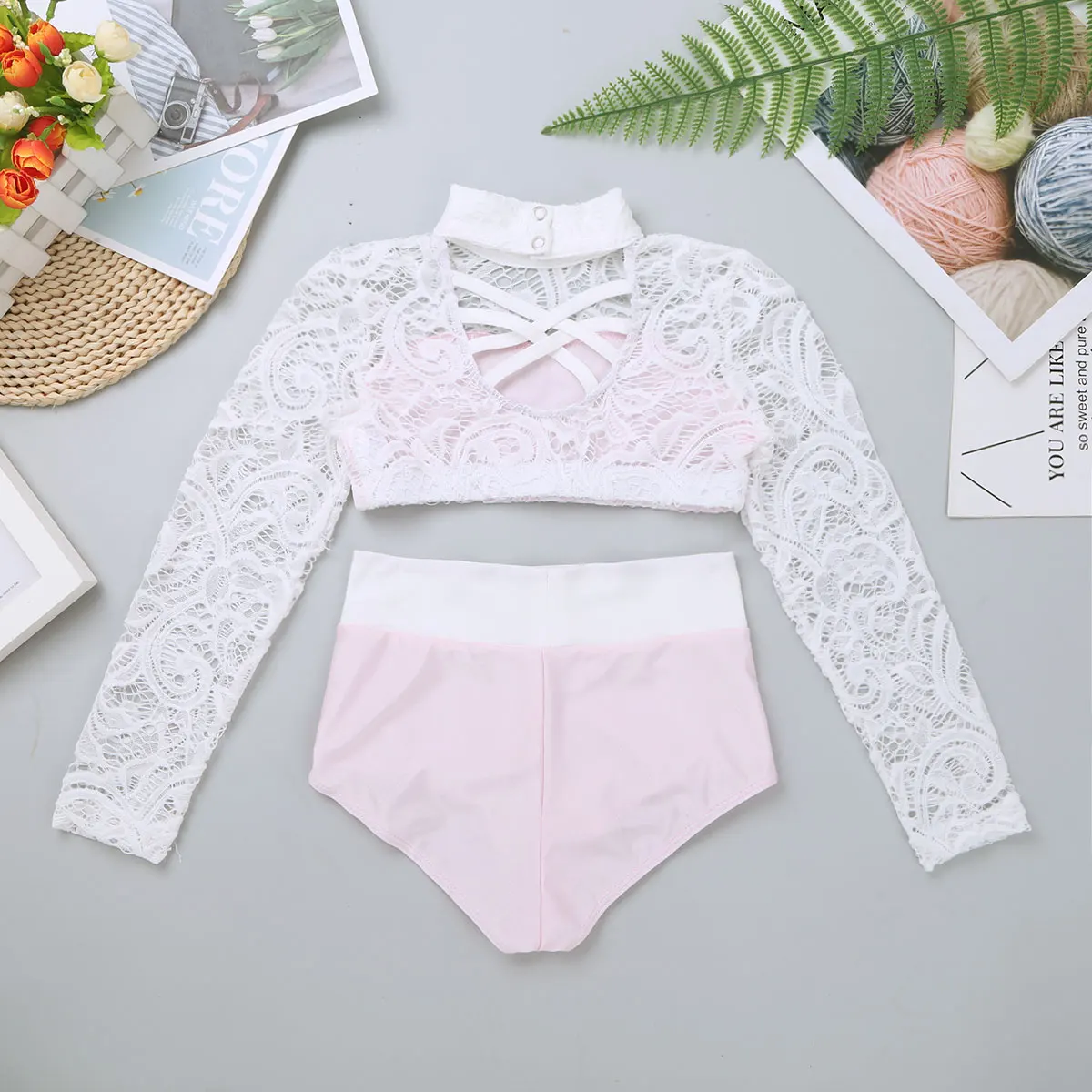 Kids Lace Long Sleeve Crop Top with Briefs Set Girls Two-piece Dancewear for Gymnastics Ballet Workout Stage Performance Costume