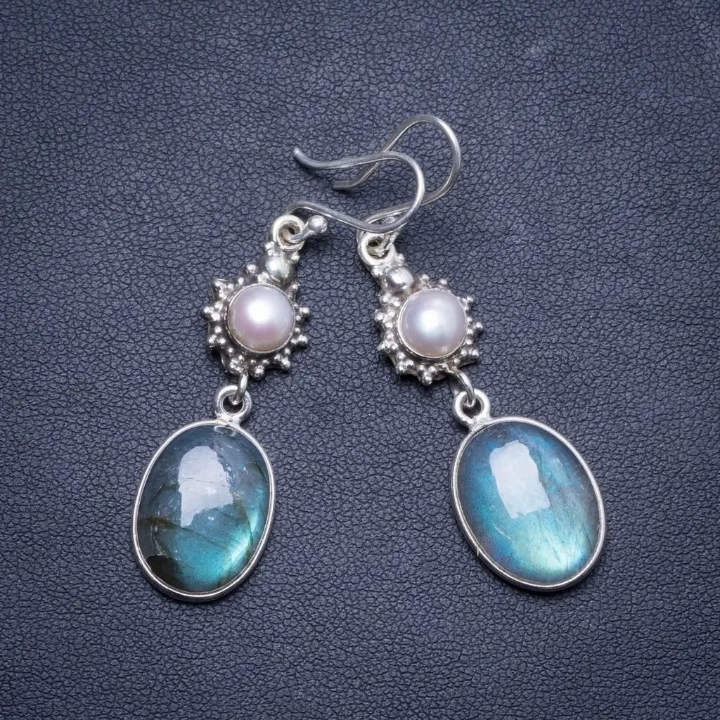 

Natural Labradorite and River Pearl Handmade Unique 925 Sterling Silver Earrings 2.25" X4285