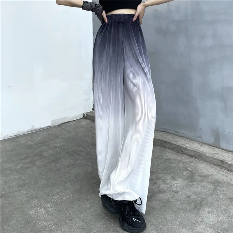 Slacks Women Loose Summer Pants Soft Ice Silk Ankle-Length Black Beach Wide Leg Pants Thin Overcoat Women High Waisted Trousers