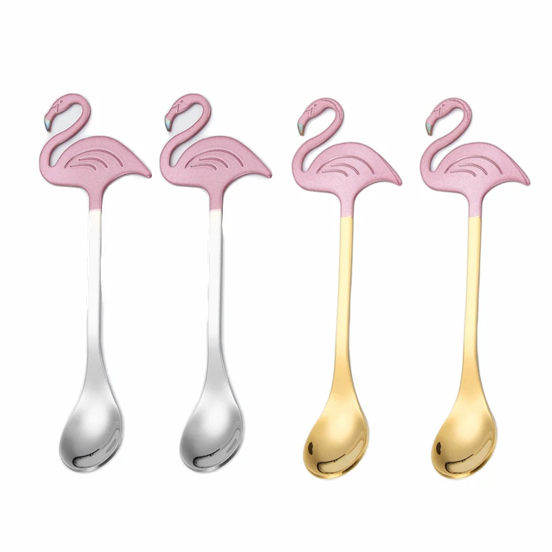 

4 Pcs/ Set Creative Coffee Spoons 304 Stainless Steel 13 cm Flamingo Titanium-plated Paint Mixing Spoon Hanging Cup Mini Spoon